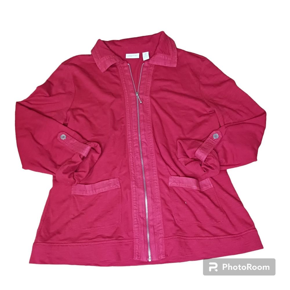 Chicos Zenergy Jacket Womens 1 Medium Red Full Zip Roll Tab Sleeves Lightweight‎